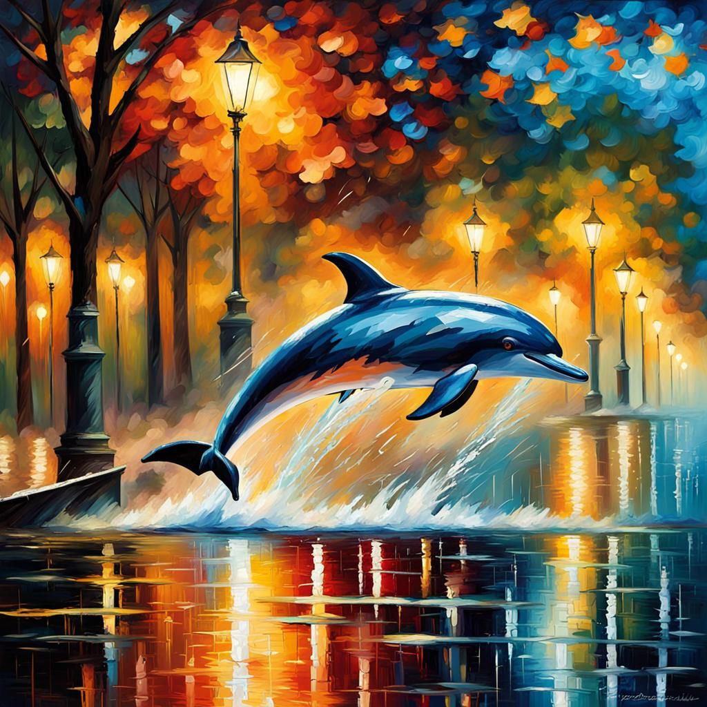 Dolphin in Stormy Sea: Expressionist Impasto Painting