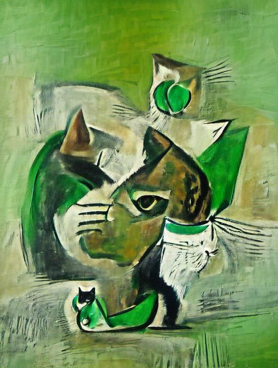 Green Cat Painting in Cubist Style