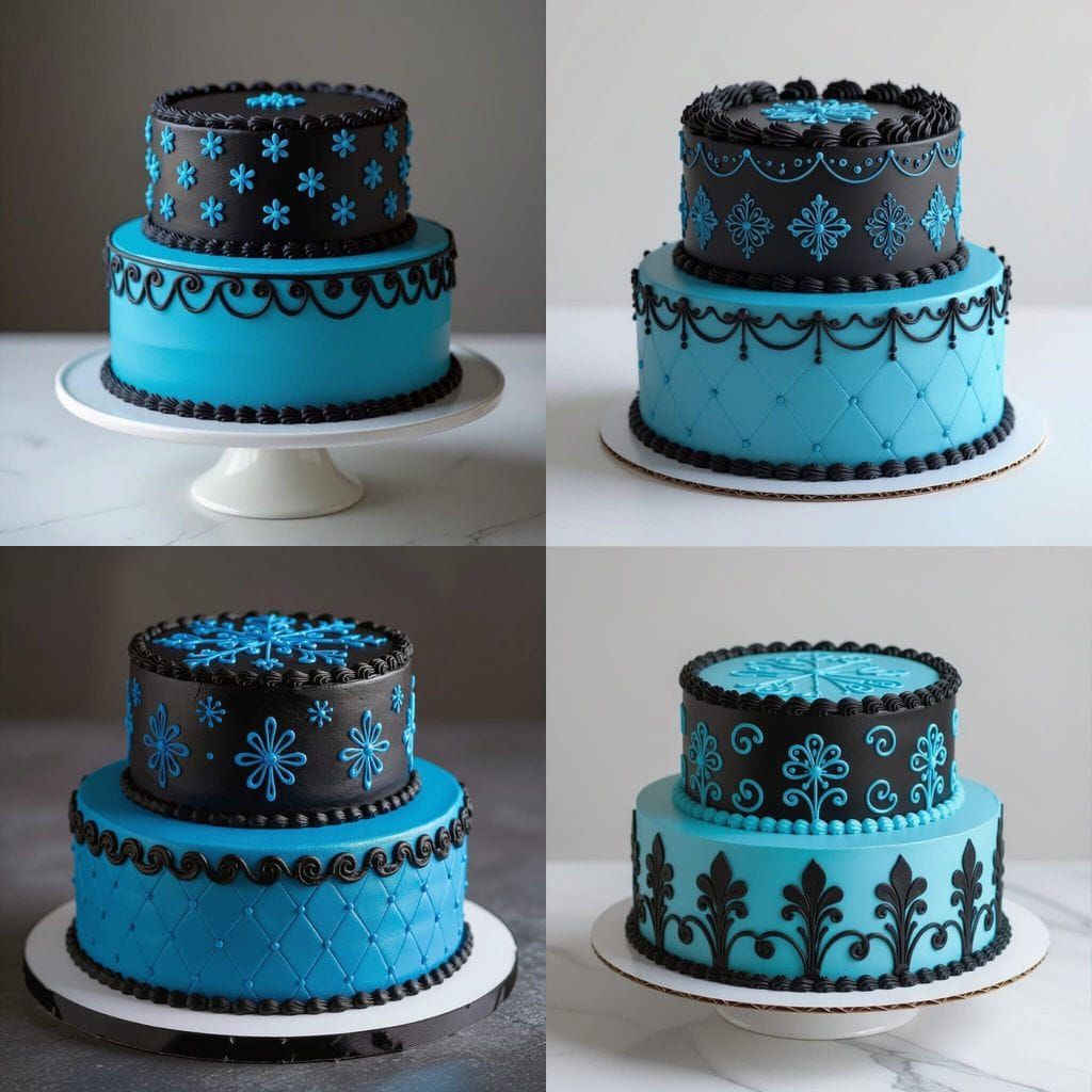 Two Tier Birthday Cake: Blue and Black with Blue Designs