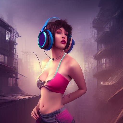 E-girl with Headphones: Detailed Fantasy Art