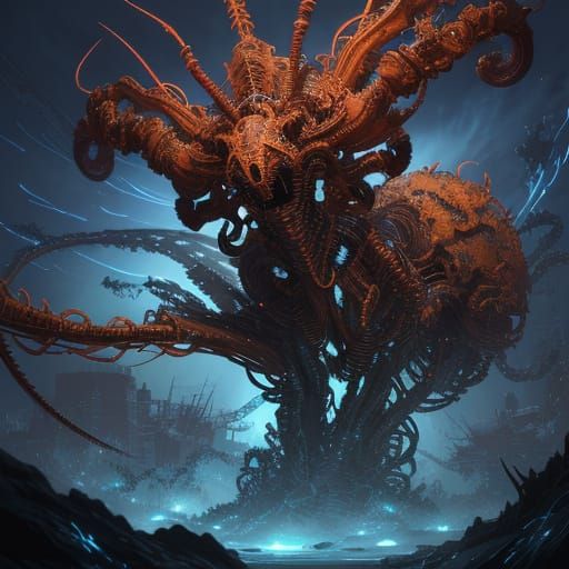 Cybernetic Abomination Crawls with Glowing Tendrils