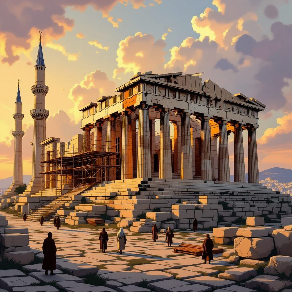 Parthenon Under Ottoman Rule in Late Afternoon Light