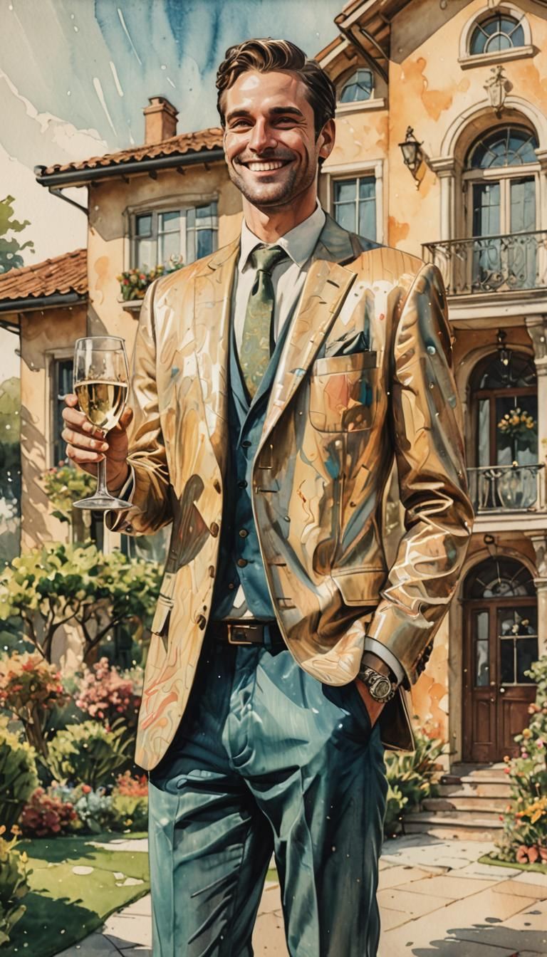 A model based on pencil and water color drawn sketches of a smiling man standing in front of a luxury house, carrying a ...