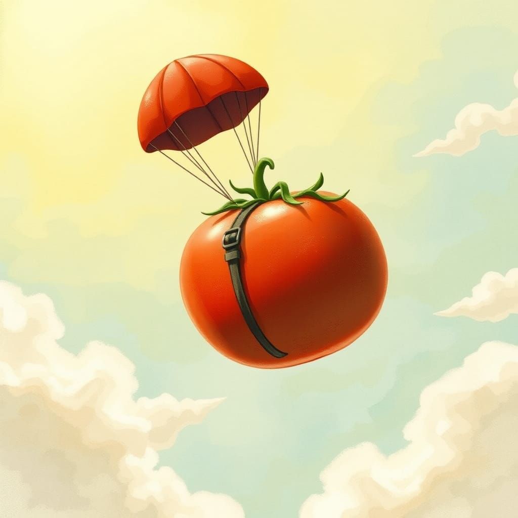 Tomato's Parachute Adventure: Whimsical Watercolor Illustrat...