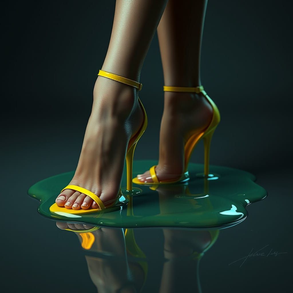 Woman's Feet Trapped in Glowing Yellow Glue, Dreamlike Scene