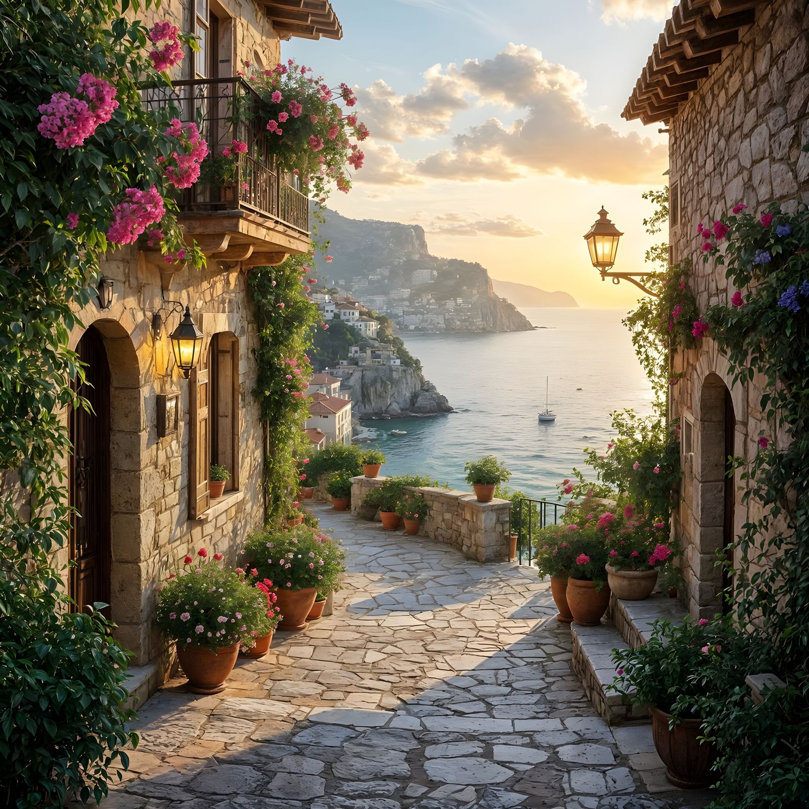 Sunlit Mediterranean Terrace Overlooking Seaside Town