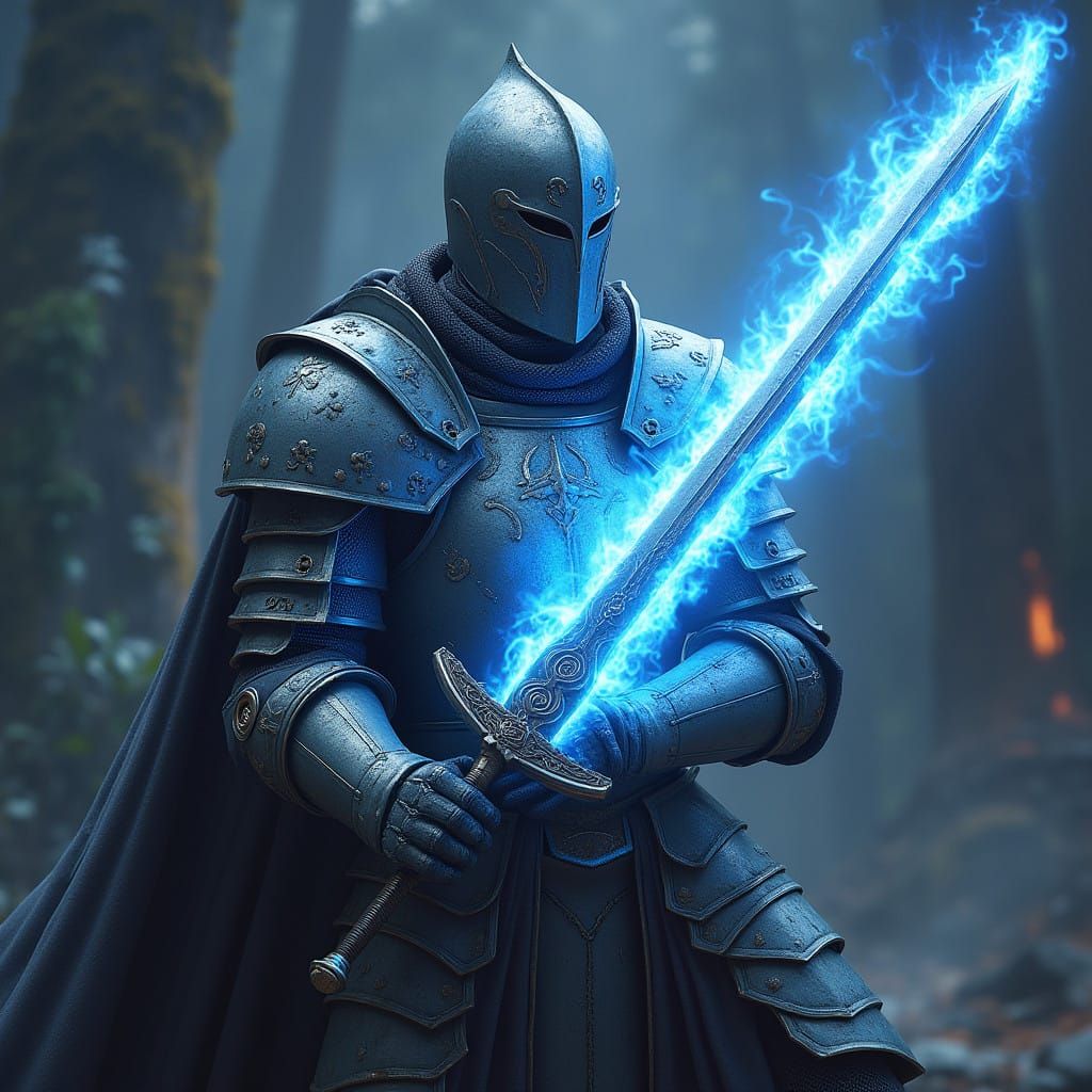 Knight in Rune-Ornamented Platemail, Sword Shrouded in Blue....