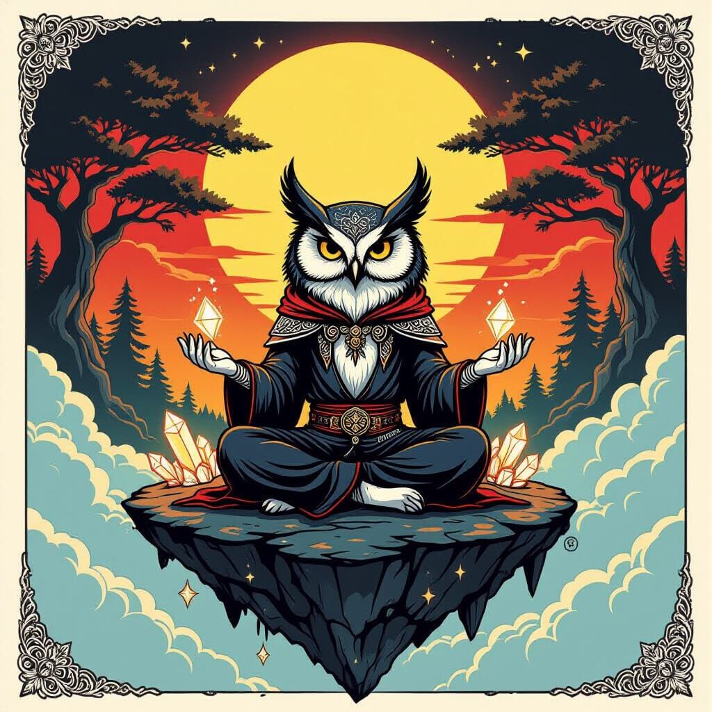 Owl Mage on Floating Island in Tattoo Art Style