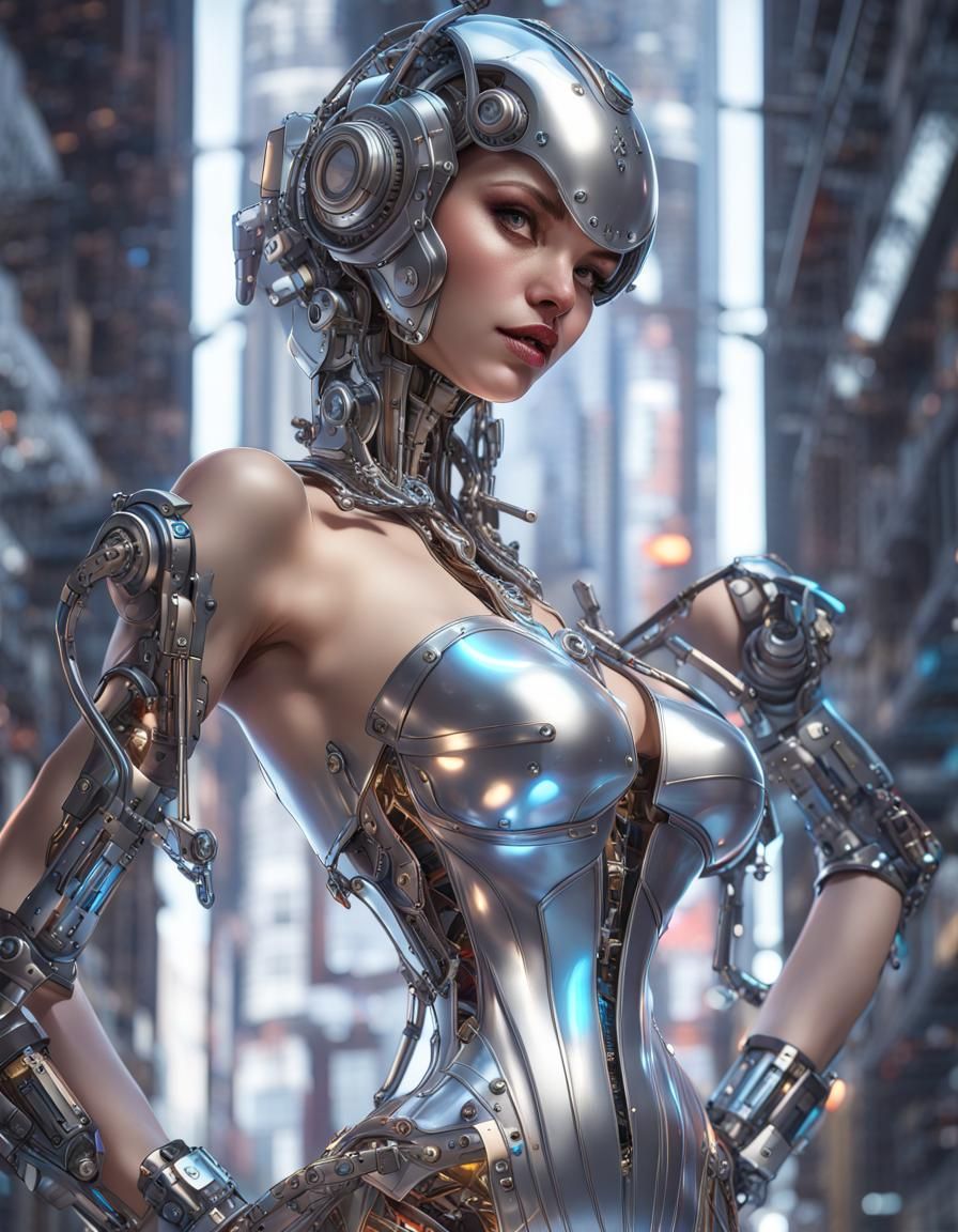 Futuristic Robot Girl in Silver, Hyperdetailed Portrait