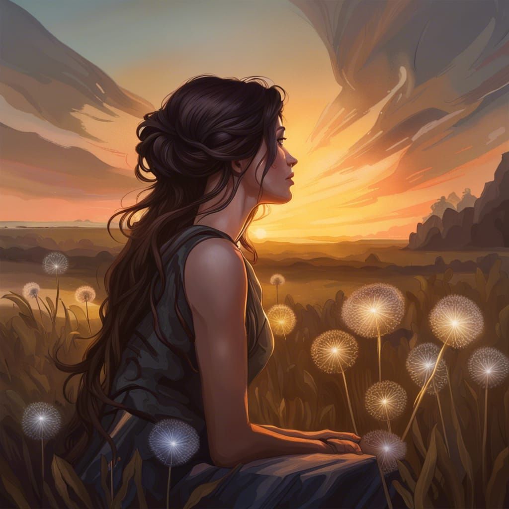Brunette Gazing at Dandelion Sunset: Hyperdetailed Portrait