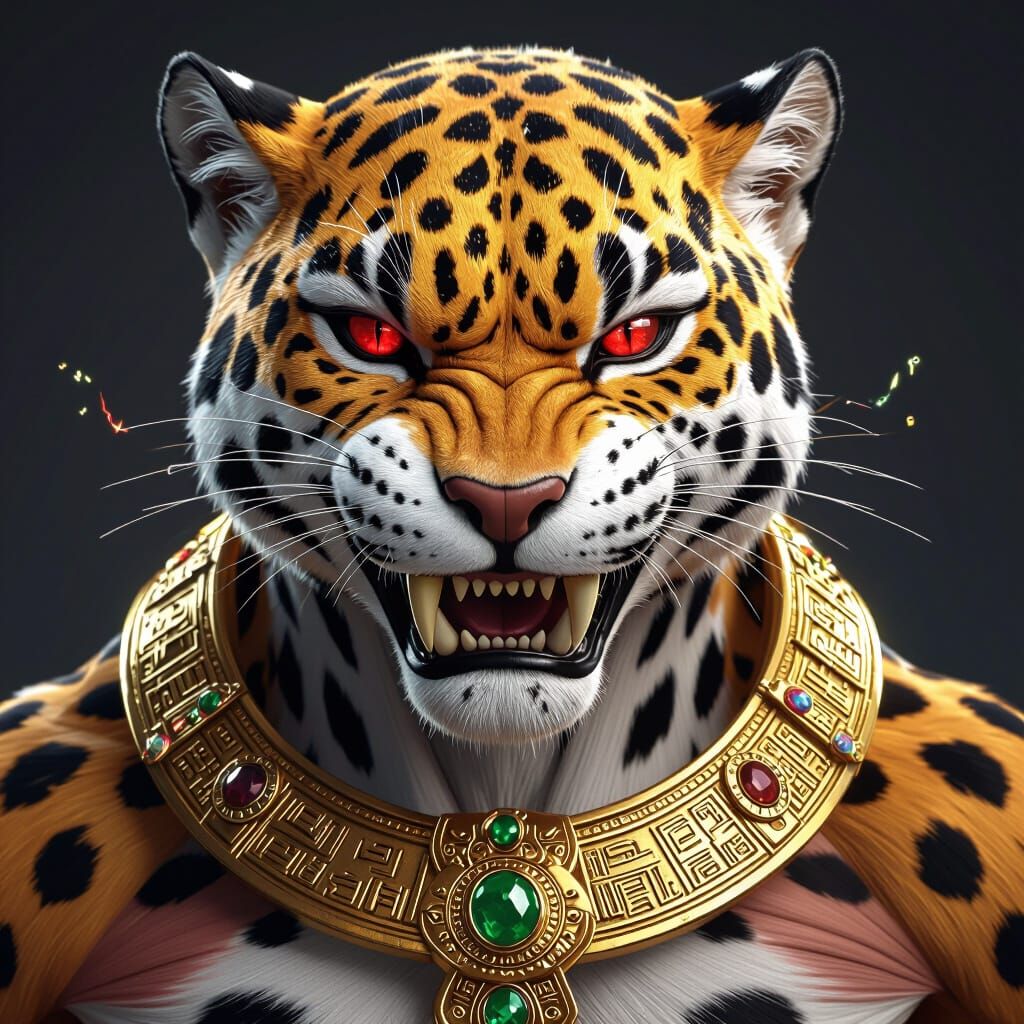 Jaguar Head with Magical Gemstone Fangs and Gold Necklace