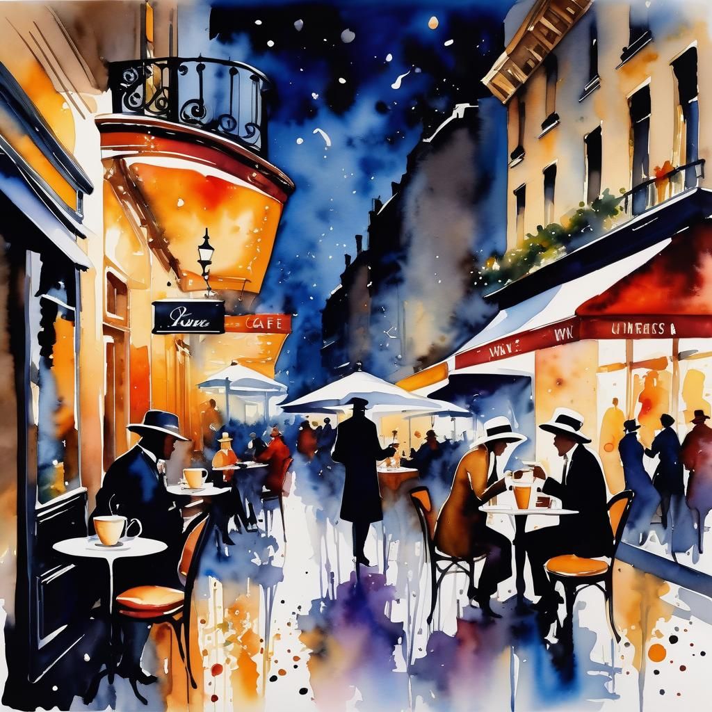 Watercolor Cafe at Night with French Bistro Scene