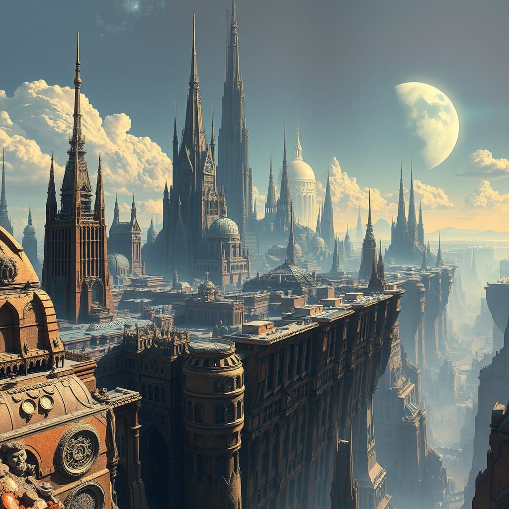 Metropolis at the Edge of Forever in Retrofuturist Style