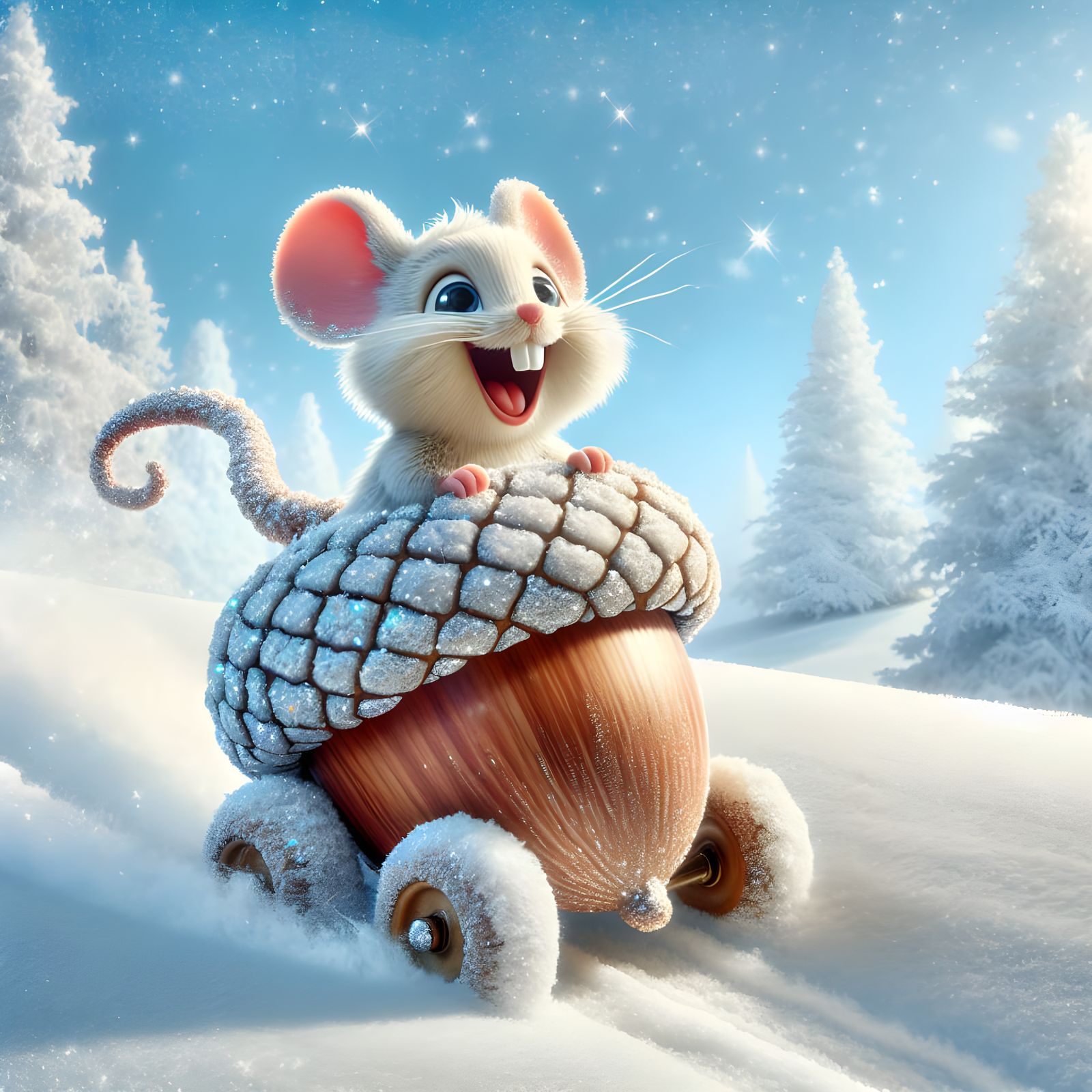 Whimsical Mouse Adventures in a Snowy Acorn Car