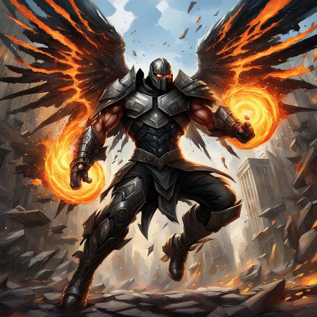 Youthful Armored Warrior Soaring with Fireball, in Graffiti ...