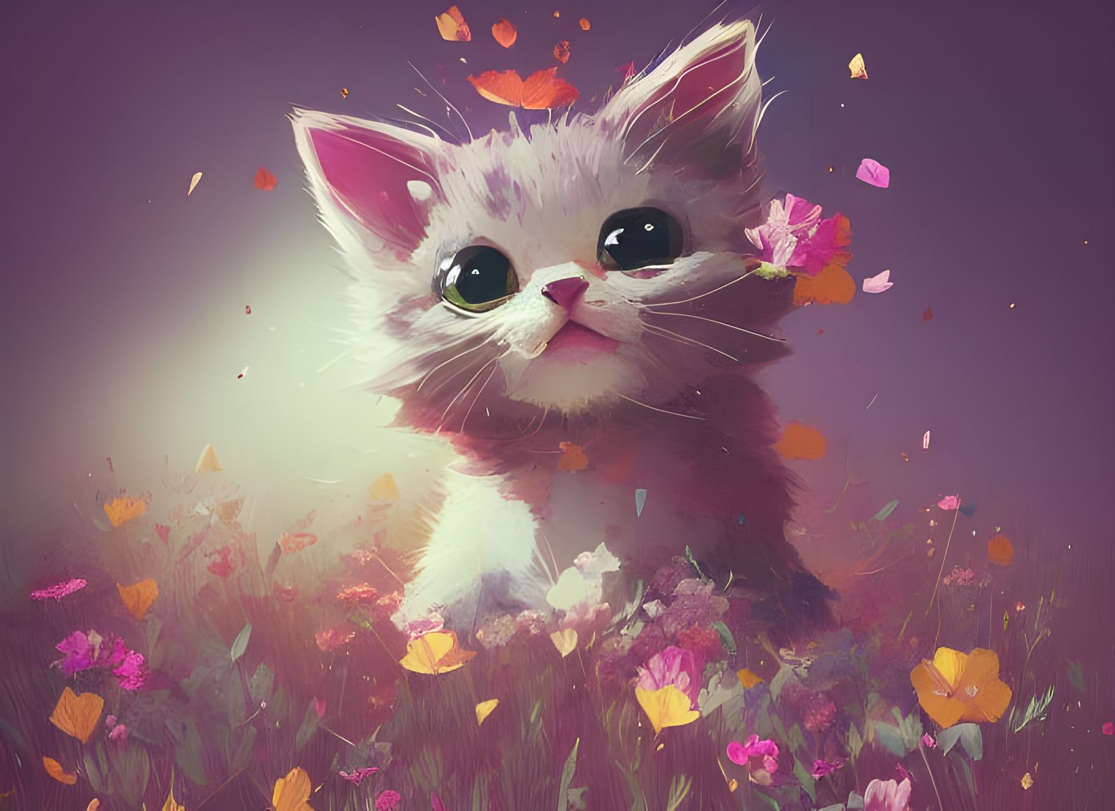 Cute Kitten in Flower Meadow Digital Illustration