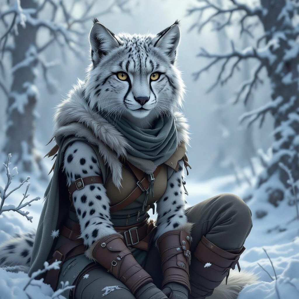 Snow Cheetah Tabaxi Nomad in Winter Forest