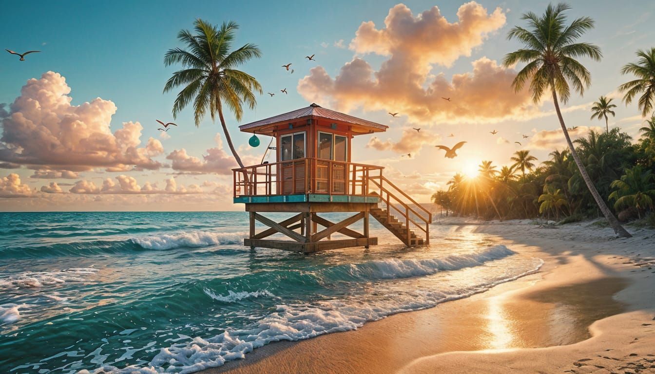 Florida Beach Sunset in Hyperrealistic Splash Art