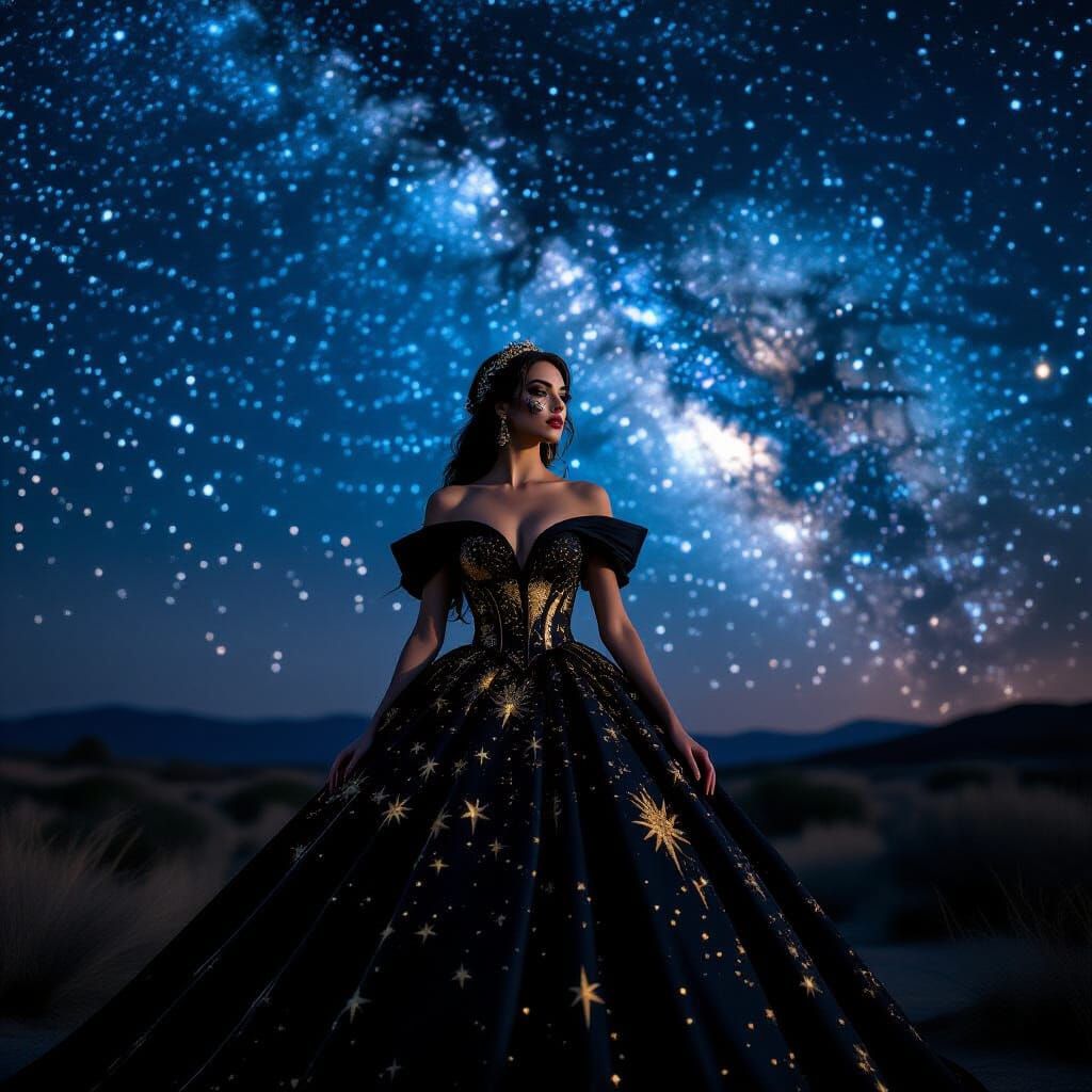 Fantasy Ballgown Under Starry Night Sky
