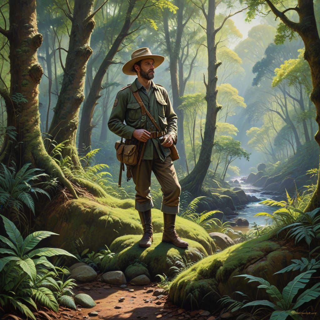 Victorian Explorer Surveys Vast Jungle Landscape