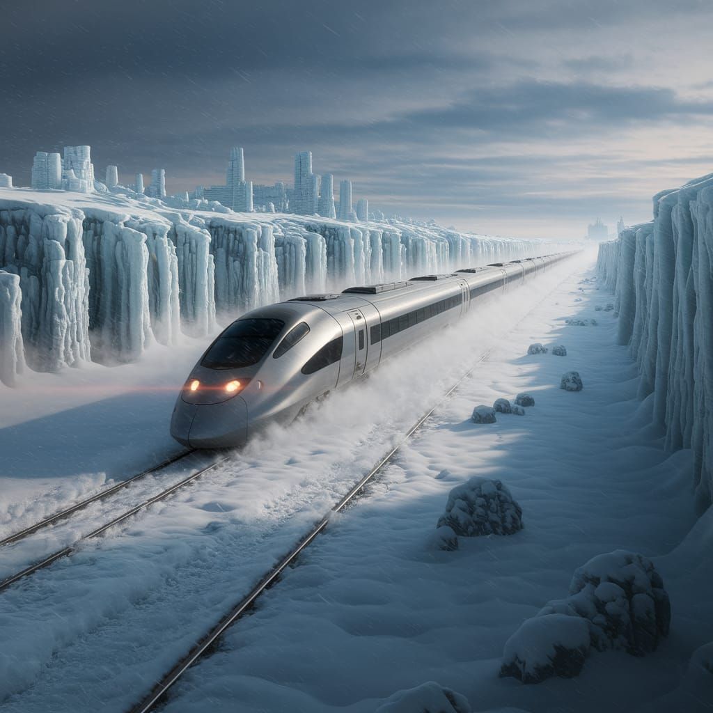 Futuristic Train in Frozen Post-Apocalyptic World