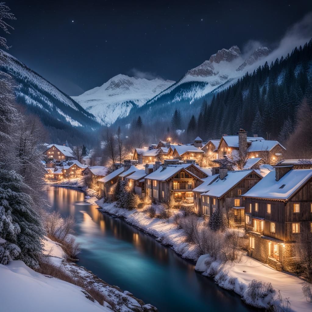 Winter Village at Night by River