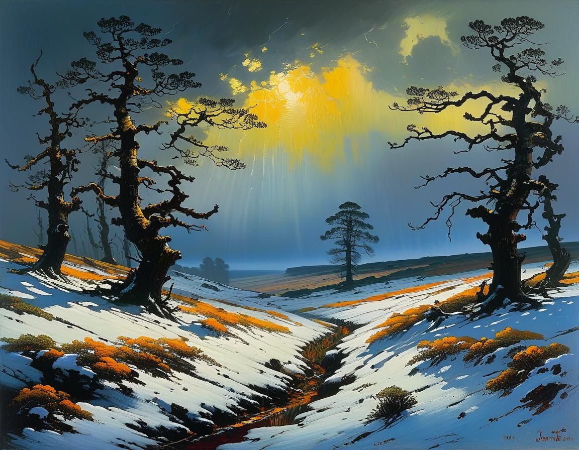 Gnarled Moorland Trees in Stormy Weather, in the Style of Ex...