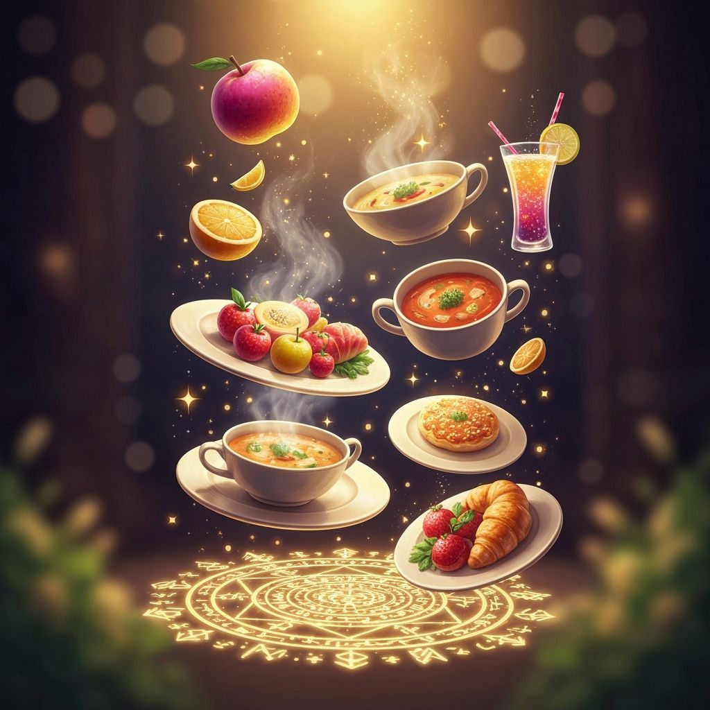 Magical Levitating Food Scene with Glowing Runes