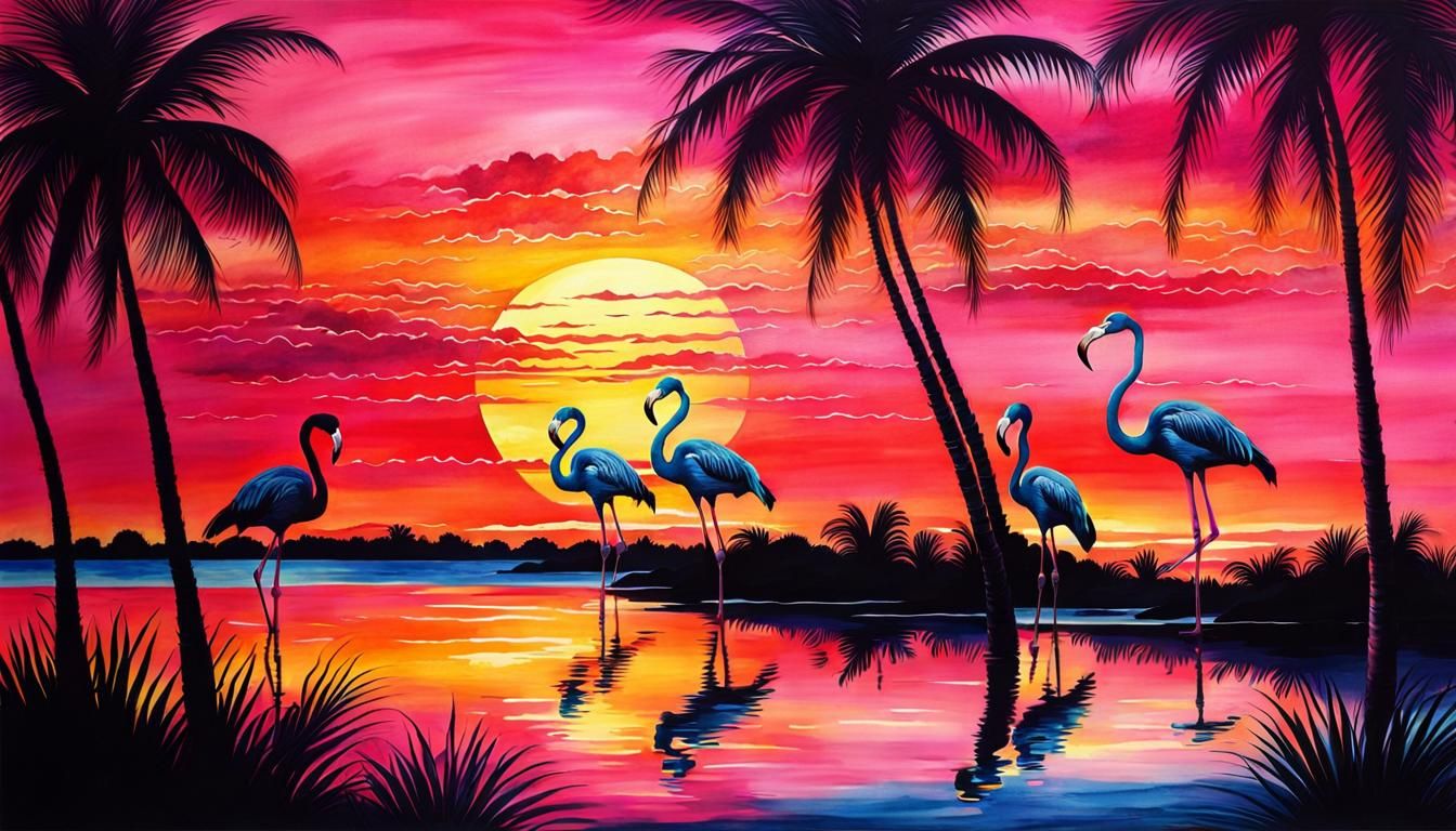 Elegant Pink Flamingo Sunset in Watercolor Style