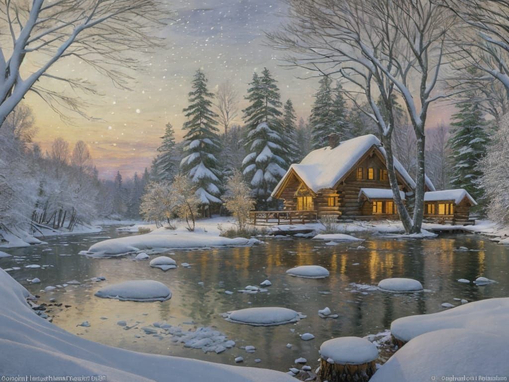 Impressionist Winter Woodland Scene with Cabin and River