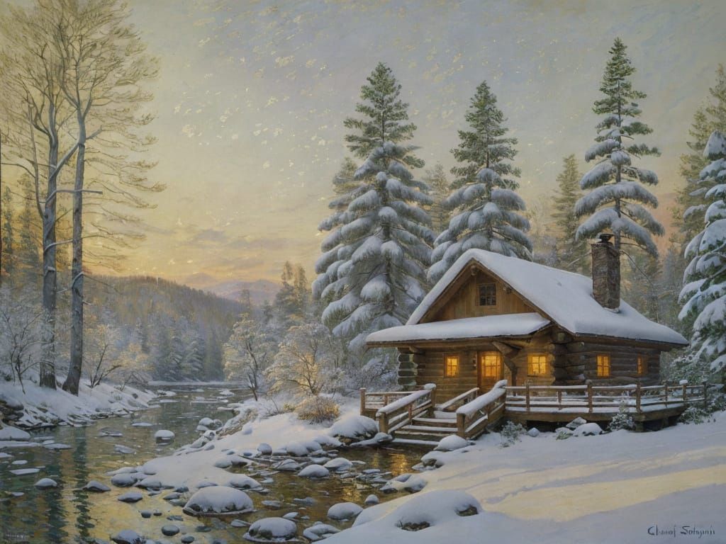 Winter Woodland Cabin Scene in Impressionist Style