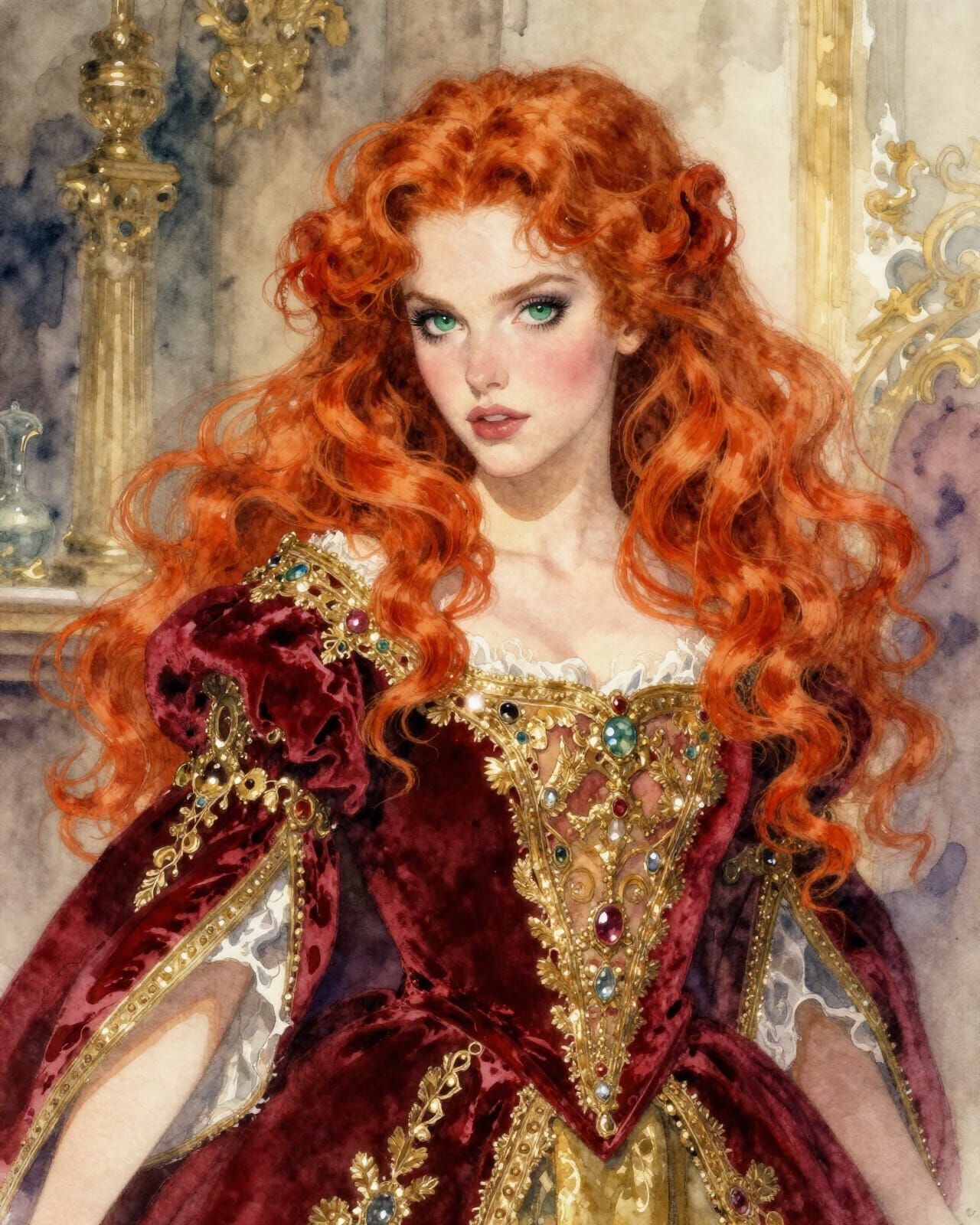 Regal Princess Radiating Passion in Detailed Watercolor