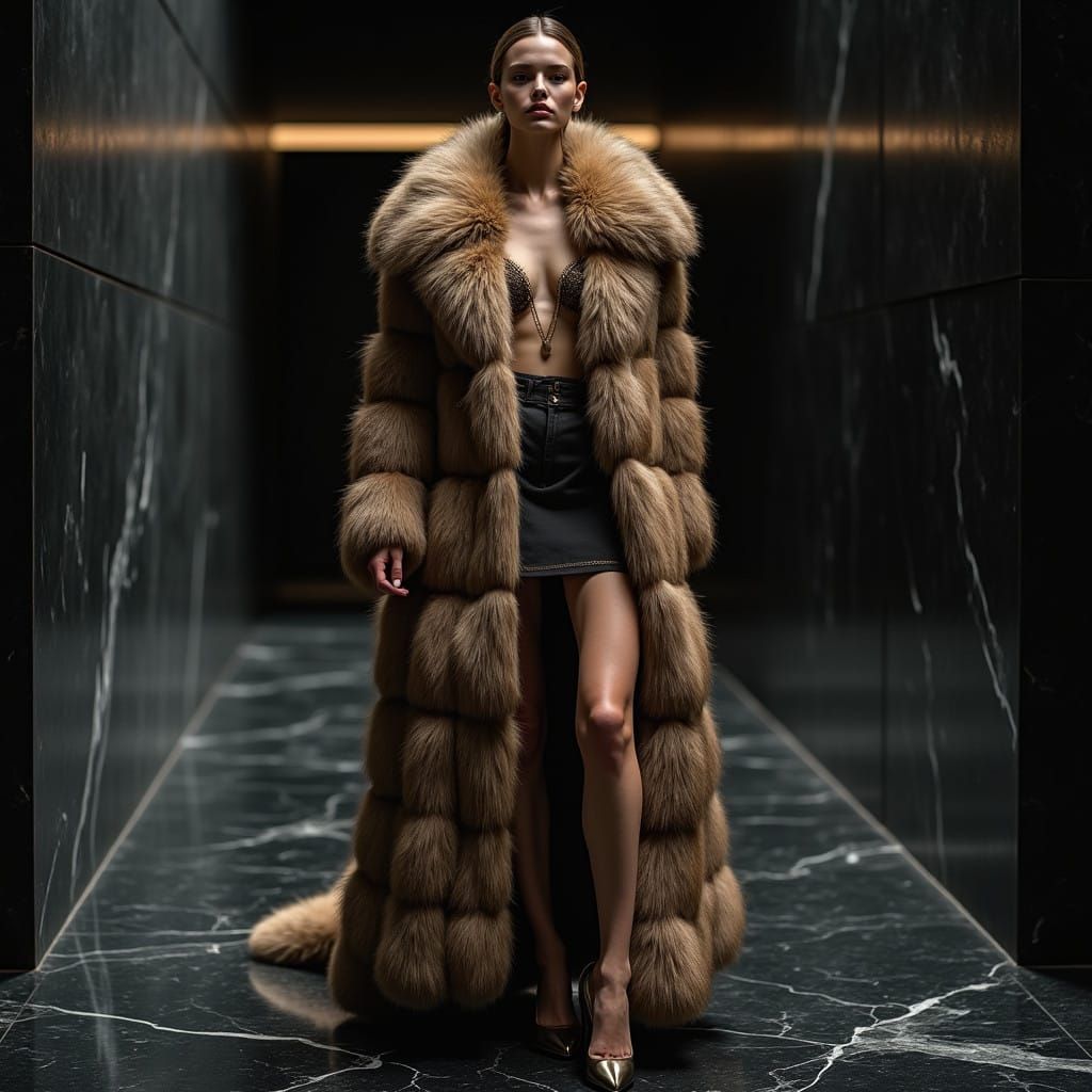 Confident High Fashion Model Wears Exquisite Lion Fur Coat i...