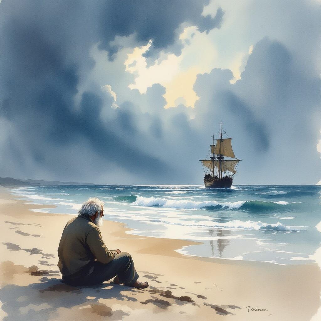 Old Man Gazes at Stormy Ocean in Watercolor Style