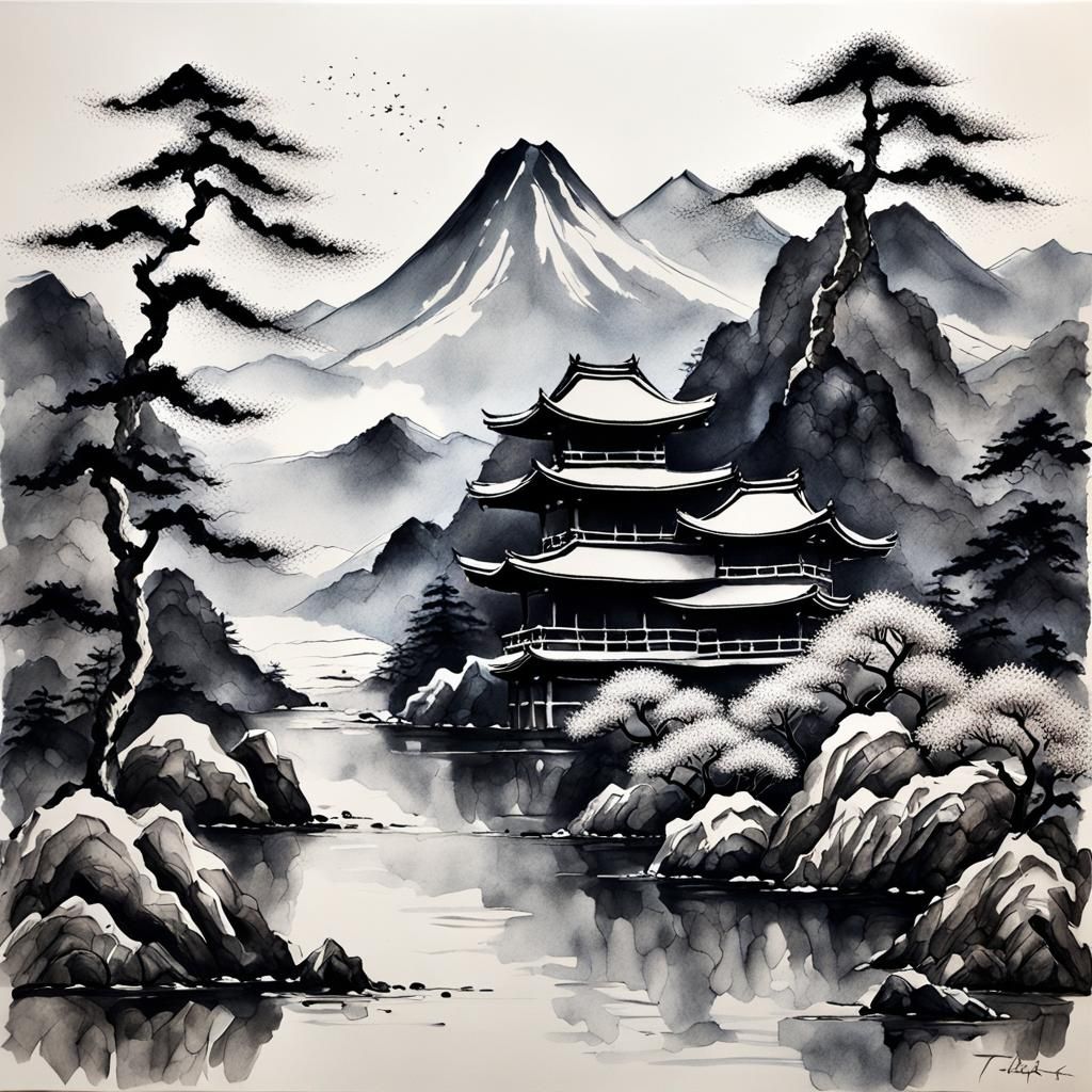 Japanese Art Impasto Drawing with Sumi-e Techniques