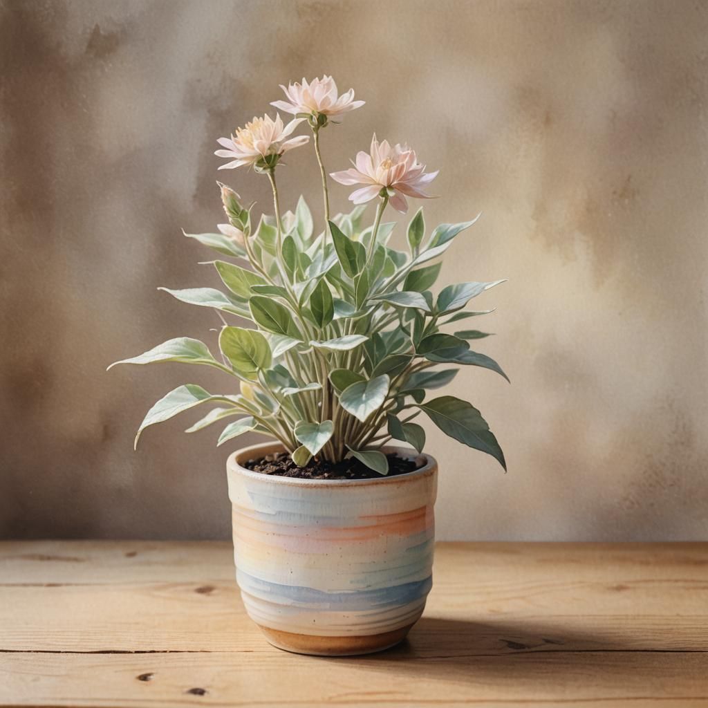 Delicate Plant in Ceramic Pot: Watercolour Illustration