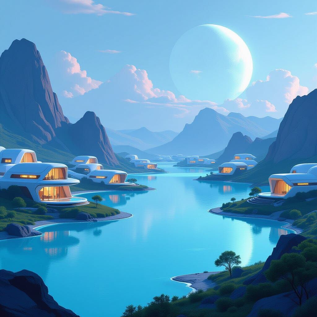 Futuristic Planet with Crystal Lakes in Sci-Fi Style