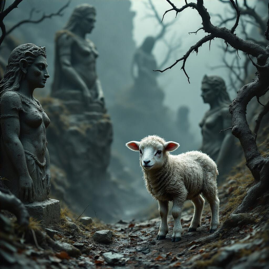 Frightened Lamb at Ravine Edge in Dark Cinematic Style