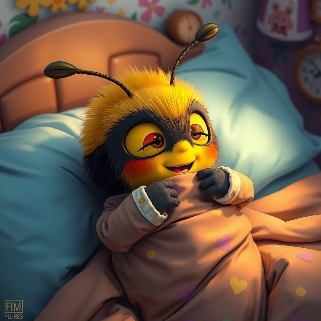 Cartoon Bumblebee in Bed: Hyperrealistic Digital Art