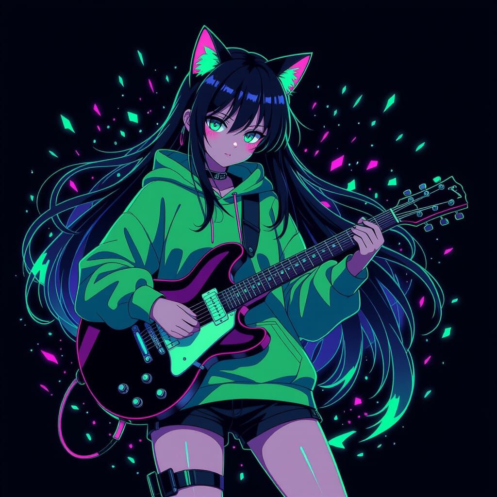 Cyberpunk Anime Girl with Neon Guitar