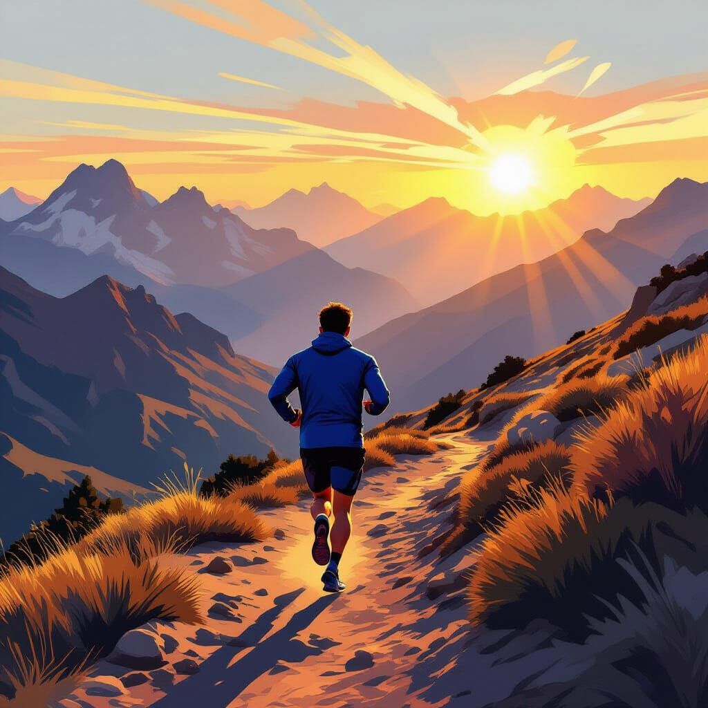 Man in Blue Tracksuit Running Uphill in Golden Hour