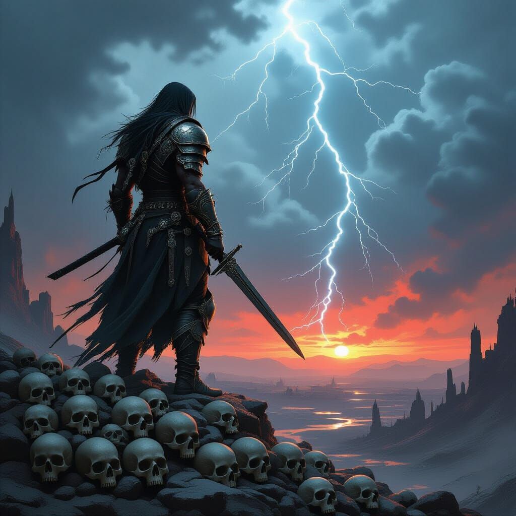 Dark Fantasy Warrior on Mountain of Skulls