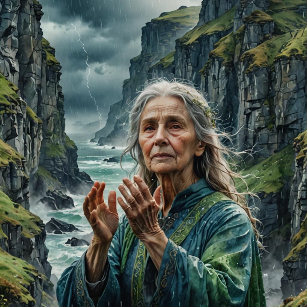 Detailed Watercolour Portrait of Woman in Storm