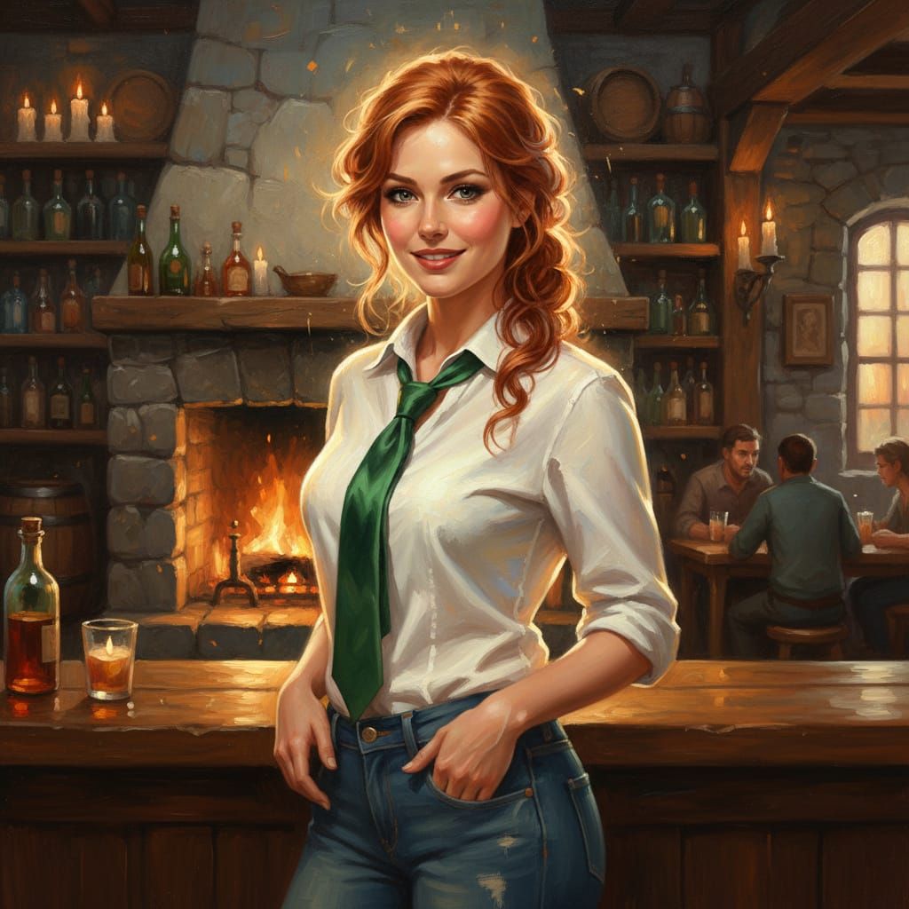 Ethereal Woman in Tavern Oil Painting