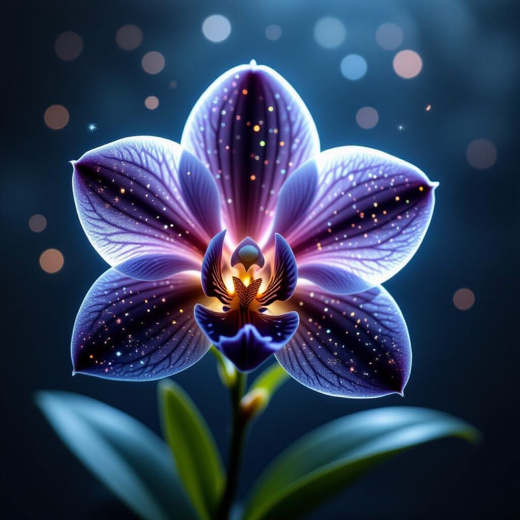 Magical Black Orchid Glowing in Dark Void