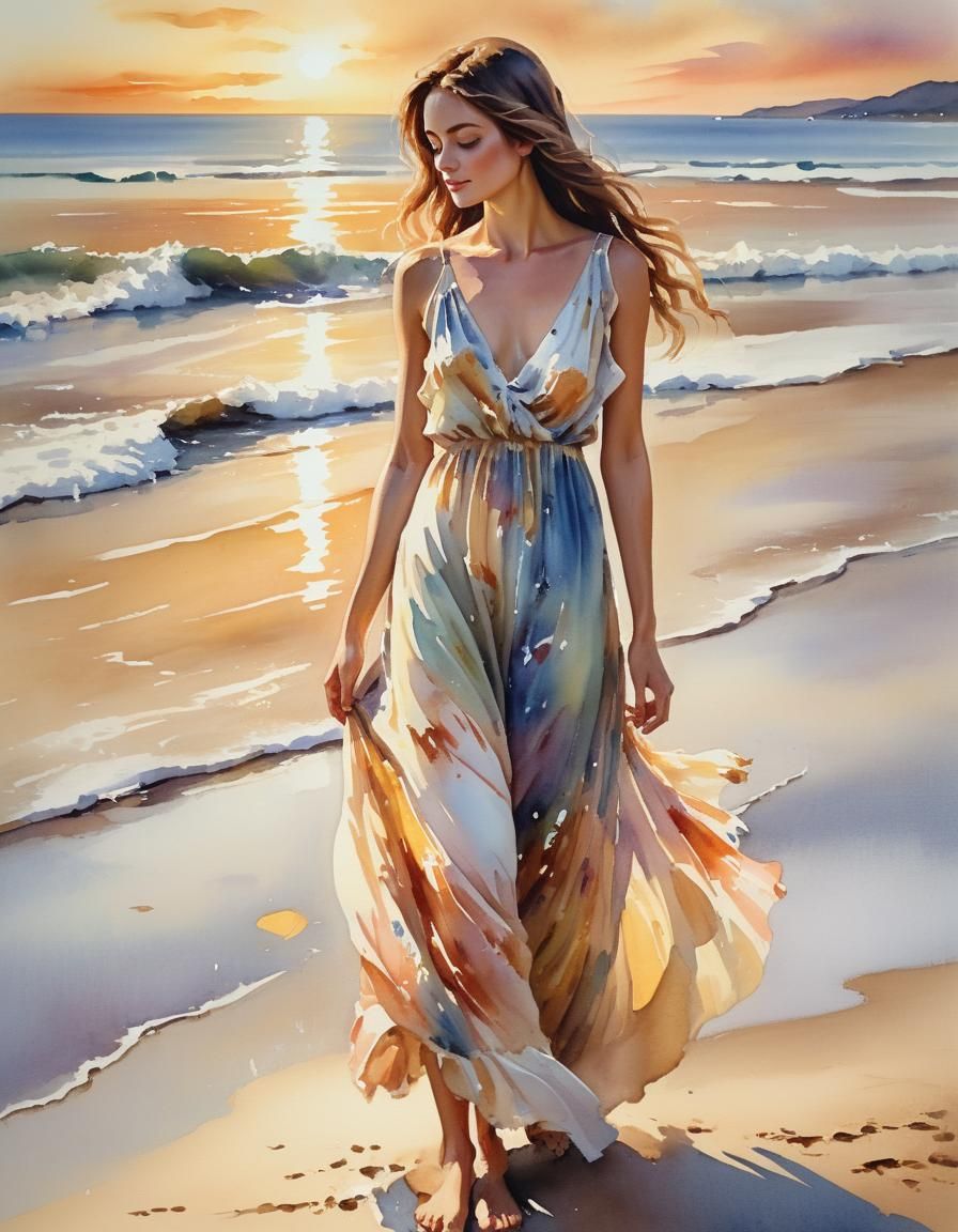 Sunset Beach Watercolor Painting of Woman in Dress
