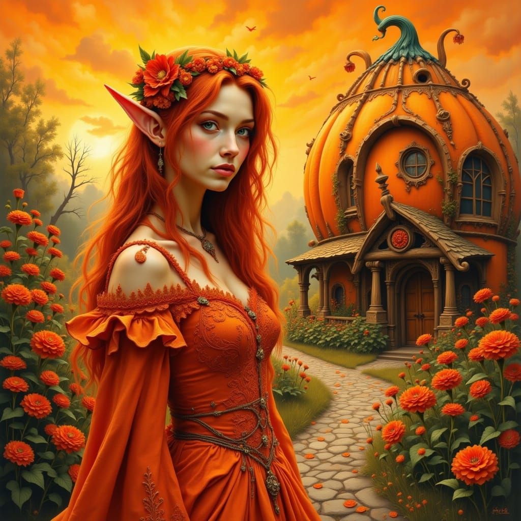 Orange Elf in Pumpkin House: Ethereal Art