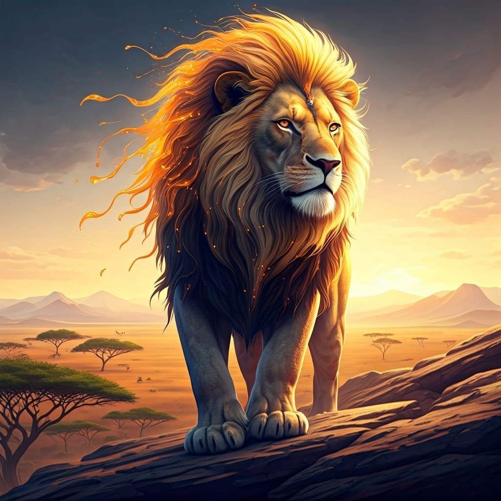 Lion with Liquid Light Mane, Detailed Fantasy Art