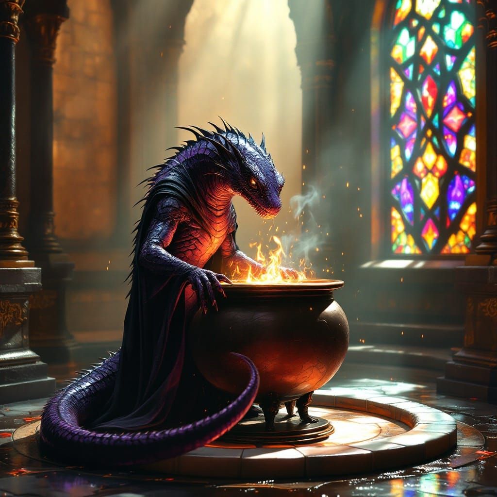 Mystical Salamander Alchemist in Hyper-Realistic Castle Scen...