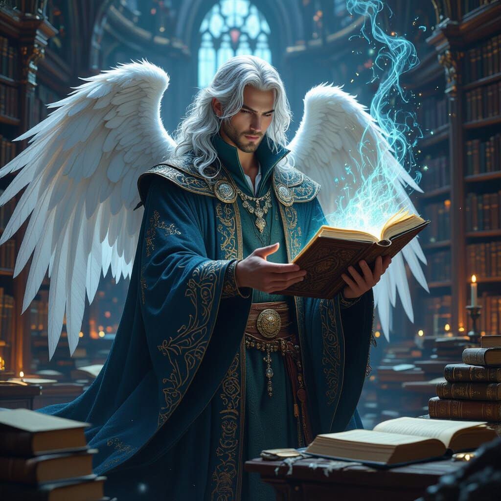 Angel Wizard Casting Spells in Library